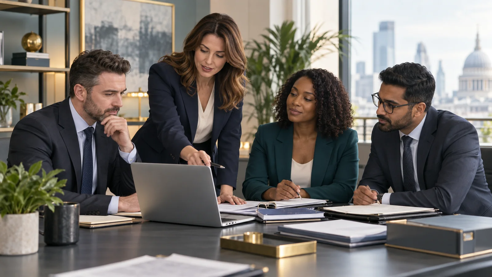 Illustrative scene of a corporate team coordinating document reviews