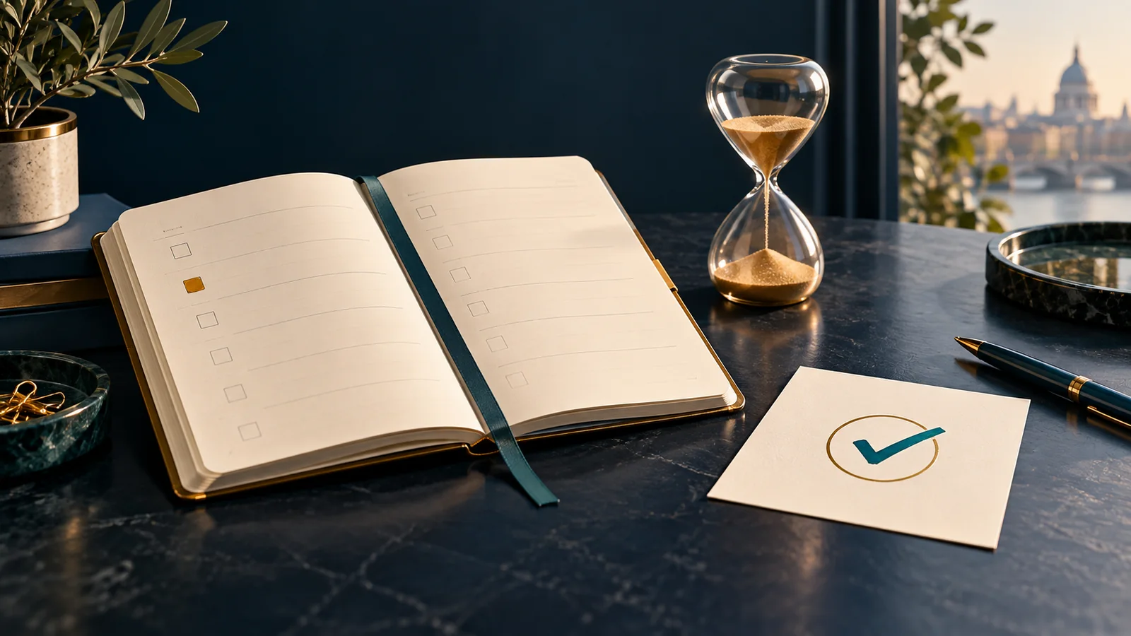 Illustrative planner, hourglass and checkmark for getting verification back on track