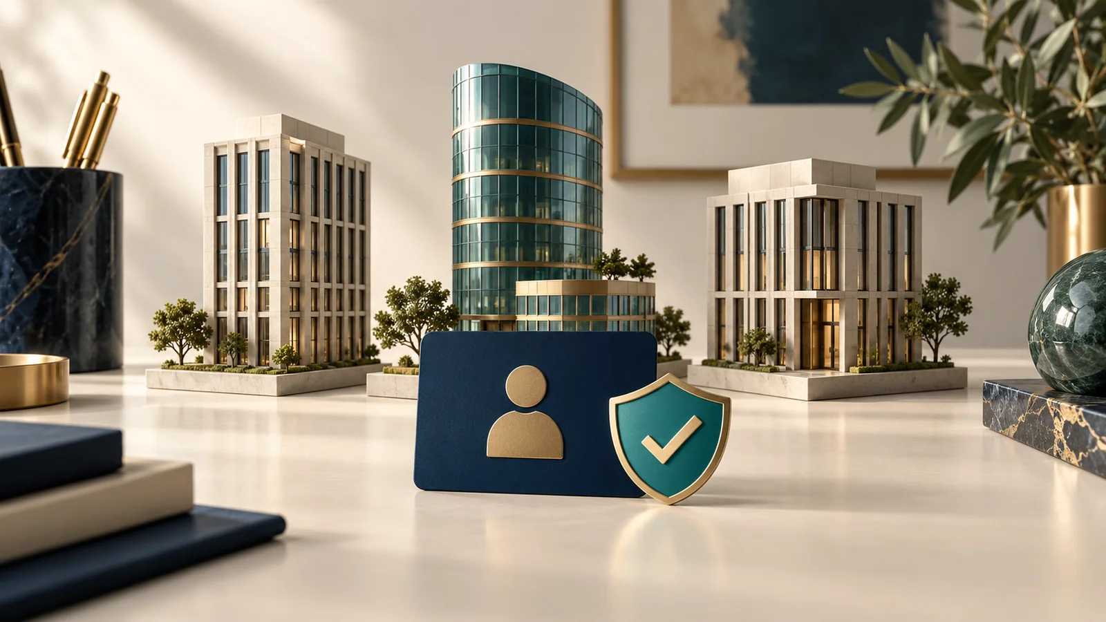 Miniature company buildings with an illustrative identity card and verification shield