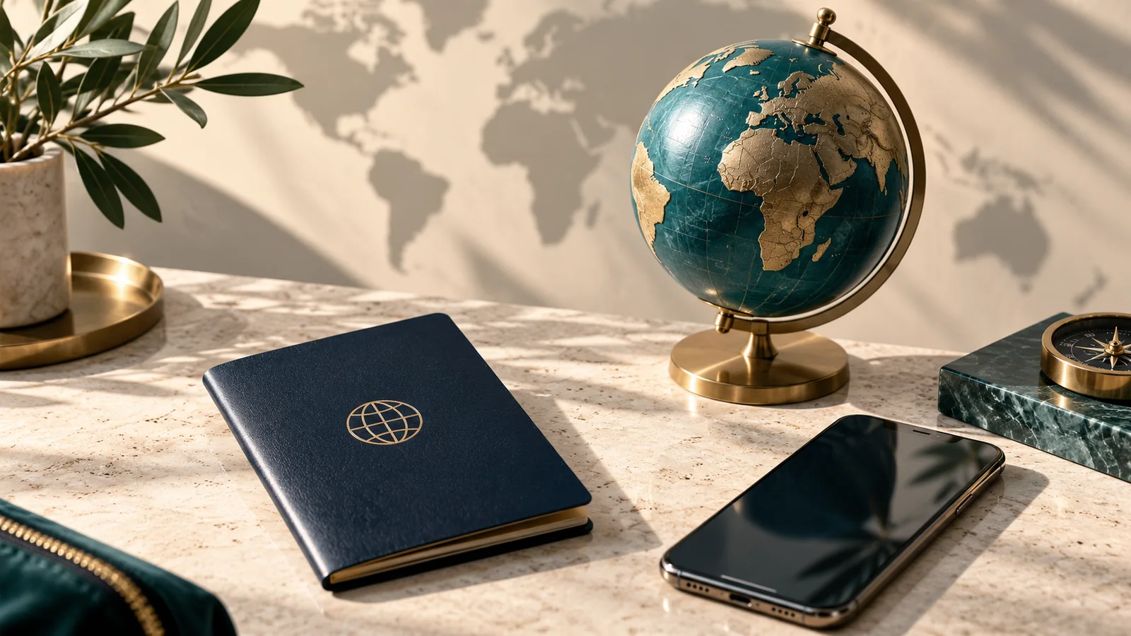 Illustrative passport, globe and smartphone for overseas director verification