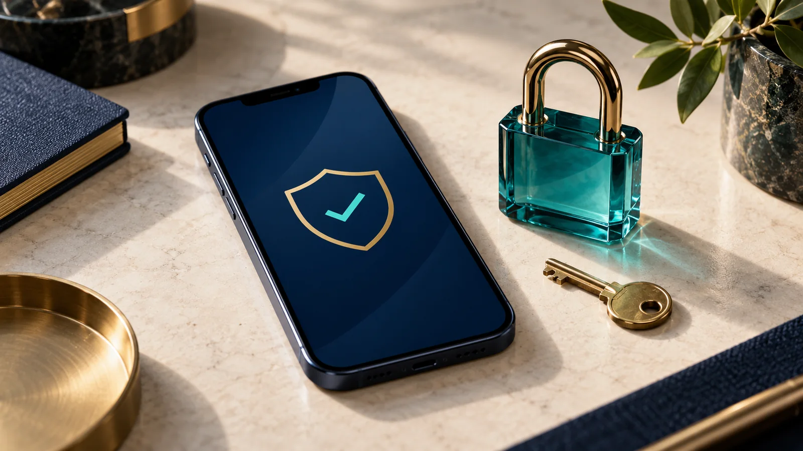 Illustrative smartphone, glass padlock and key for secure identity verification