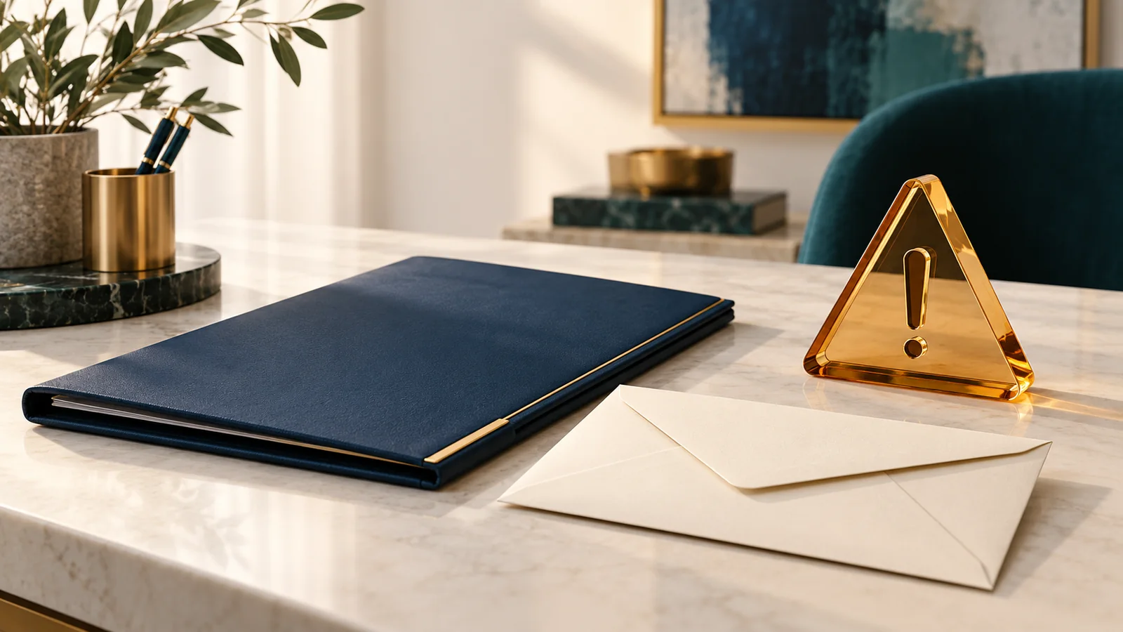 Illustrative company folder, notice envelope and amber warning symbol