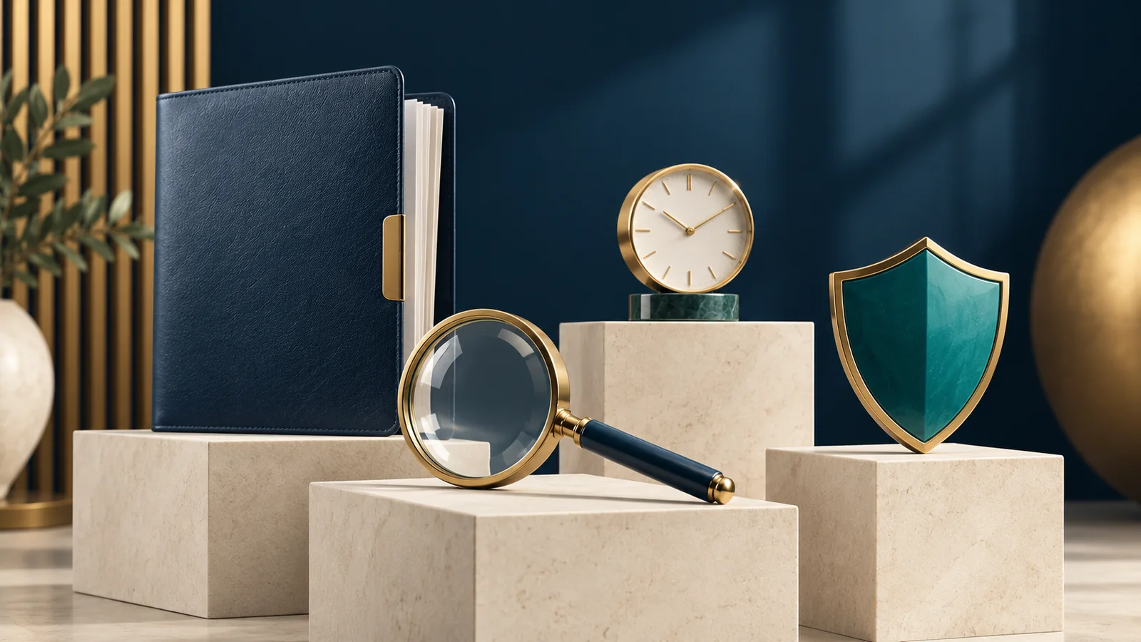Document review, time and security illustrated through a folder, magnifier, clock and shield