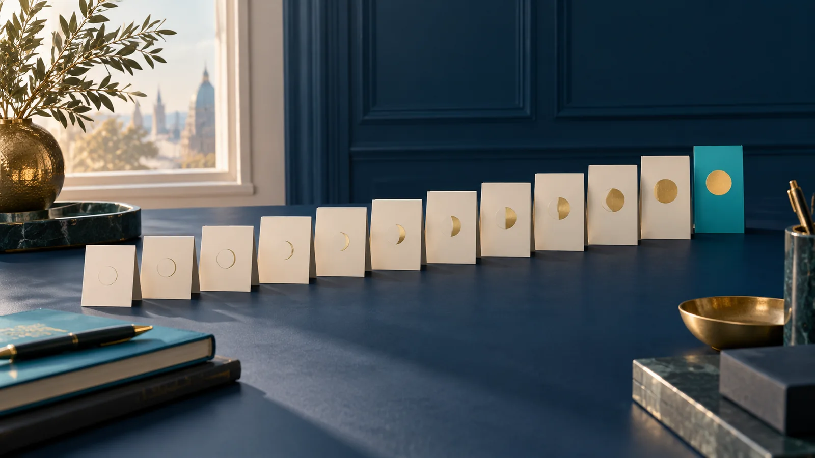 Conceptual sequence of calendar cards representing a transition period
