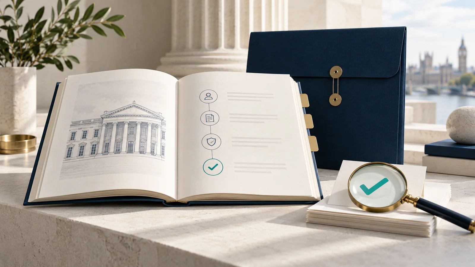 Illustrative reference guide, document folder and magnifying glass